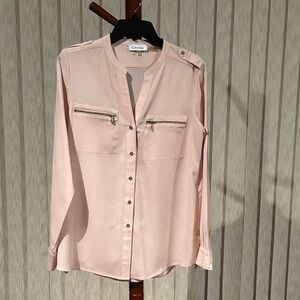 Calvin Klein Blush Pink Long Sleeve Zip Pocket Blouse
